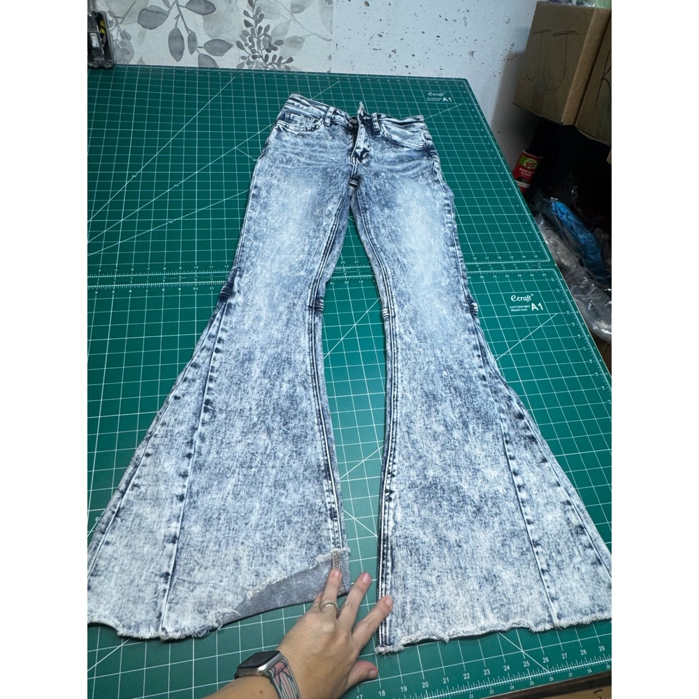 Flying Monkey High Rise Super Flare Acid Wash Jeans Y4104R Blue Denim 25